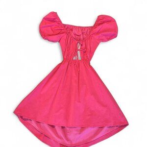 Pink babydoll dress with puffed sleeves and tie front